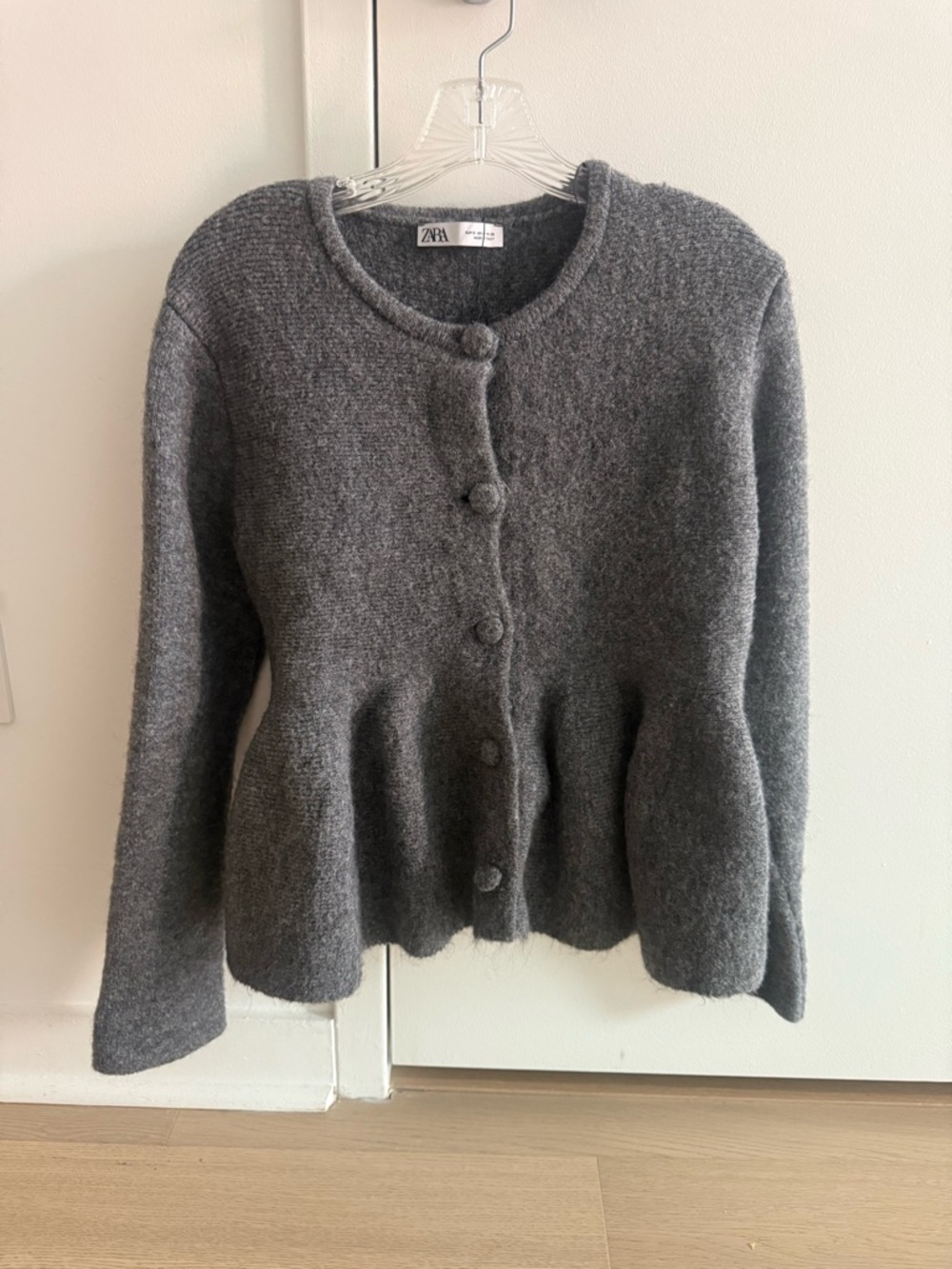 Zara Gray Peplum Button-Up Knit Cardigan